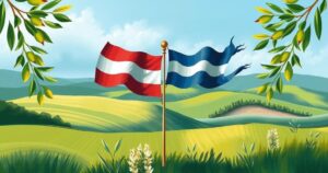 Two flags symbolizing peace between Democratic Republic of Congo and Rwanda, surrounded by symbolic olive branches.