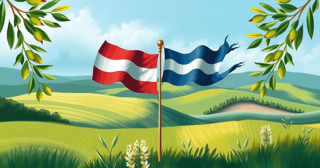 Two flags symbolizing peace between Democratic Republic of Congo and Rwanda, surrounded by symbolic olive branches.