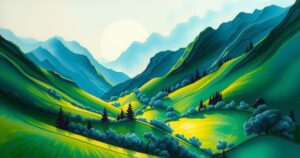 A peaceful landscape between two nations with lush greenery and mountains, symbolizing hope for cooperation and peace.