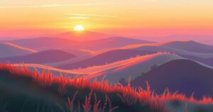 Serene landscape with rolling hills and a tranquil sunset in soft pastel colors, depicting nature's calmness.