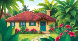 A serene neighborhood in Jamaica with a cozy house, surrounded by lush greenery and bright tropical flowers.