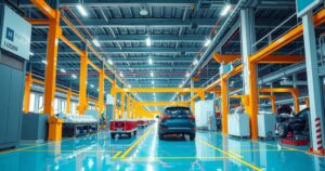 An expansive EV battery factory in Indonesia with modern architecture and vibrant colors representing innovation and growth.