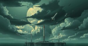 A military-themed illustration showcasing nuclear sites with silhouettes of missiles and bunkers under a dramatic sky.