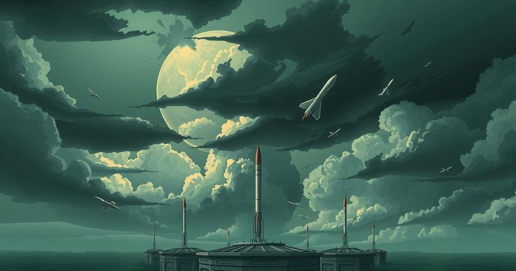 A military-themed illustration showcasing nuclear sites with silhouettes of missiles and bunkers under a dramatic sky.