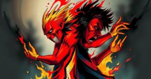 A dramatic scene depicting two abstract figures representing power and wealth, engaged in an intense conflict, in bold colors.