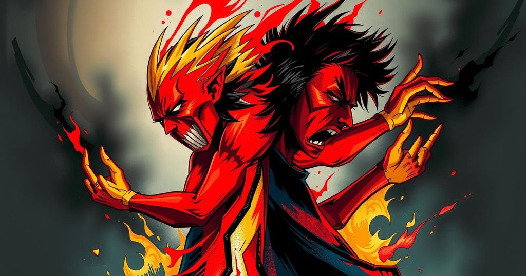 A dramatic scene depicting two abstract figures representing power and wealth, engaged in an intense conflict, in bold colors.