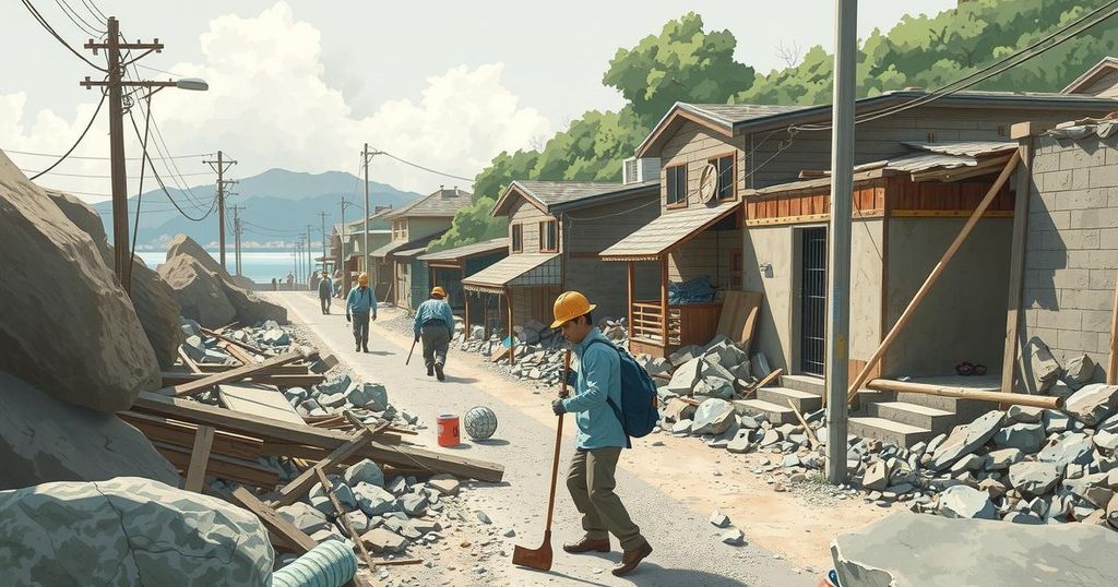 Workers clearing debris and fallen rocks on a road in Lima, Peru, following an earthquake.