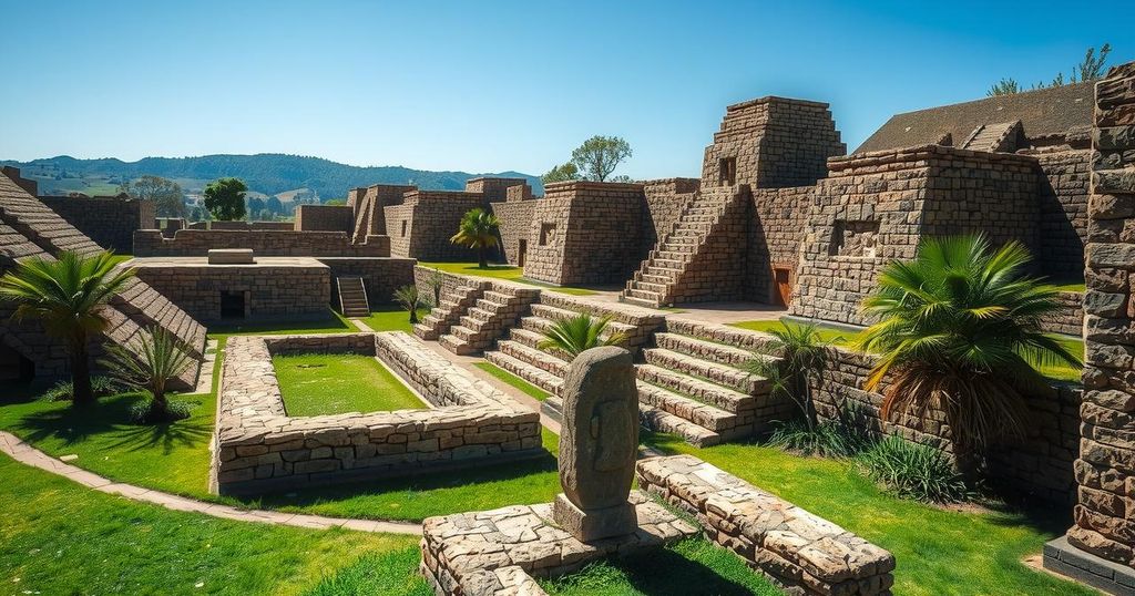 Ancient ruins of Tiwanaku in Bolivia amidst a soft blue sky and green landscape, capturing historical architectural details.