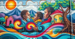 A view of Cape Town's community, showcasing resilience amidst challenges, in a painted mural style with vibrant colors.