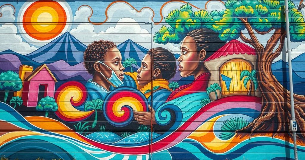 A view of Cape Town's community, showcasing resilience amidst challenges, in a painted mural style with vibrant colors.
