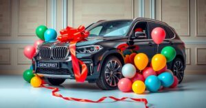 A luxury car with a big bow on it, surrounded by colored balloons, symbolizing prosperity and generosity.