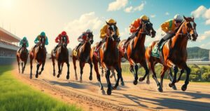 Colorful horse racing scene showcasing horses competing on a dirt track with an audience in the background.