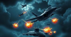 Military operations depiction featuring stealth bombers, jets, and submarines striking targets at night.