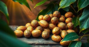 A group of kola nuts displayed on a wooden table, surrounded by dark green tropical leaves, with a warm light tone.