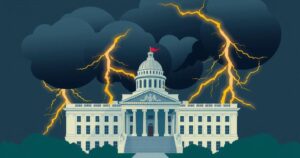 A newsworthy scene featuring a government building amid contrasting political reactions.
