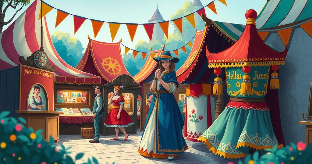 A colorful Renaissance fair scene with fantasy-themed decorations, costumes, and vibrant banners waving.