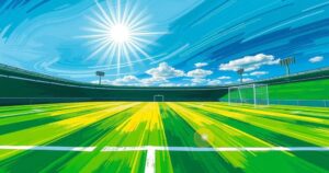 A vibrant soccer field with a bright green pitch under a clear blue sky, designed in a dynamic style.