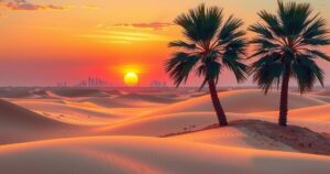 Desert landscape with palm trees and a distant city skyline under a vivid sunset portraying tourism spirit in UAE.