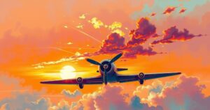 A vibrant abstract representation of a vintage airline with a sunset backdrop, symbolizing business ambition and downfall.