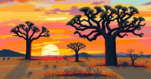 Desert landscape with a vibrant sunset, featuring iconic baobab trees in an impressionist style.