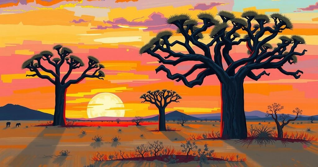 Desert landscape with a vibrant sunset, featuring iconic baobab trees in an impressionist style.