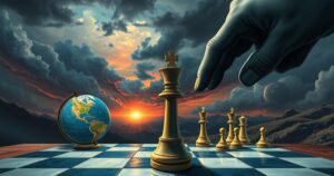 A political scene depicting unpredictability in foreign policy with symbols like a globe, a chessboard, and a stormy sky.