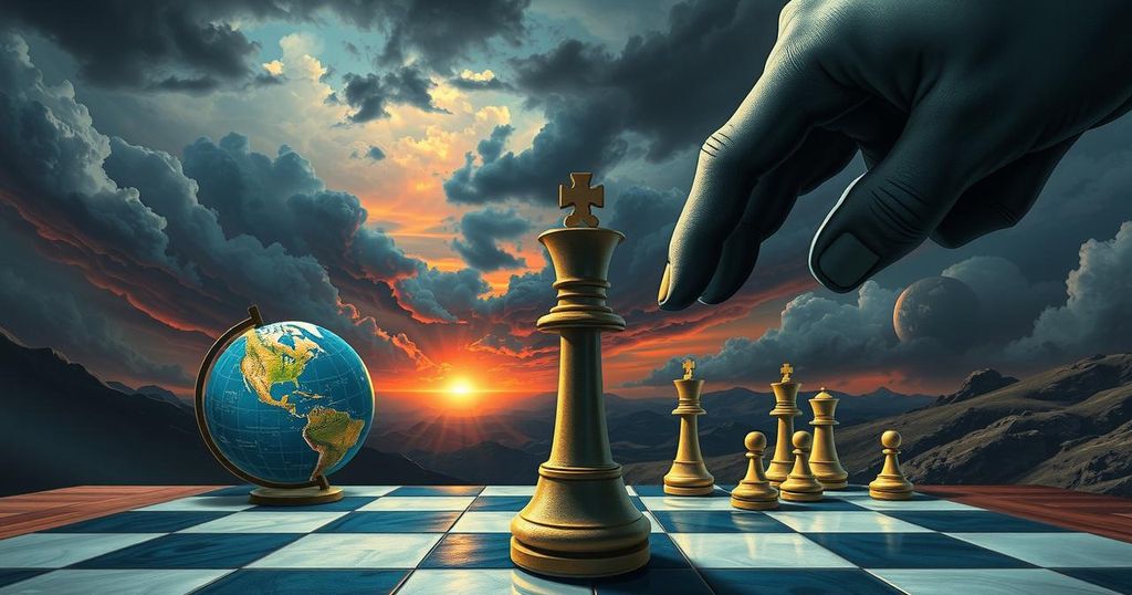 A political scene depicting unpredictability in foreign policy with symbols like a globe, a chessboard, and a stormy sky.
