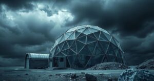 A geodesic dome under a stormy sky illustrates the impact of weather and military events on infrastructure.