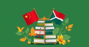 Illustration of a symbolic partnership between China and Botswana in education, featuring cultural symbols and books