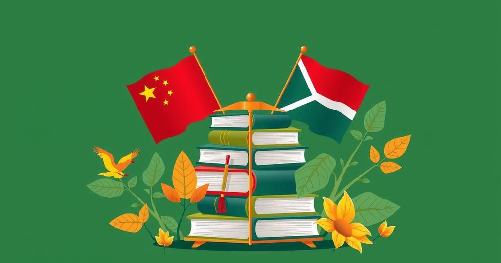 Illustration of a symbolic partnership between China and Botswana in education, featuring cultural symbols and books