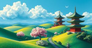 A colorful Mongolia landscape blending with elements of Japanese culture, showcasing harmony in nature.