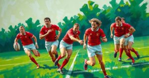 A dynamic rugby field scene with an England team in action, showcasing teamwork in vibrant colors.