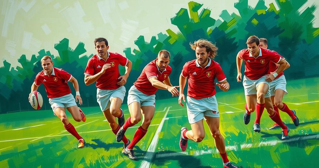 A dynamic rugby field scene with an England team in action, showcasing teamwork in vibrant colors.