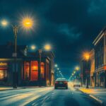 A serene view of Kingston's streets under a night sky, with empty roads and colorful streetlights illuminating the scene.