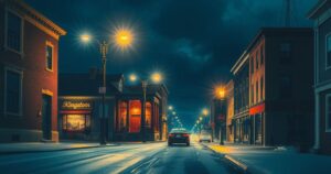 A serene view of Kingston's streets under a night sky, with empty roads and colorful streetlights illuminating the scene.