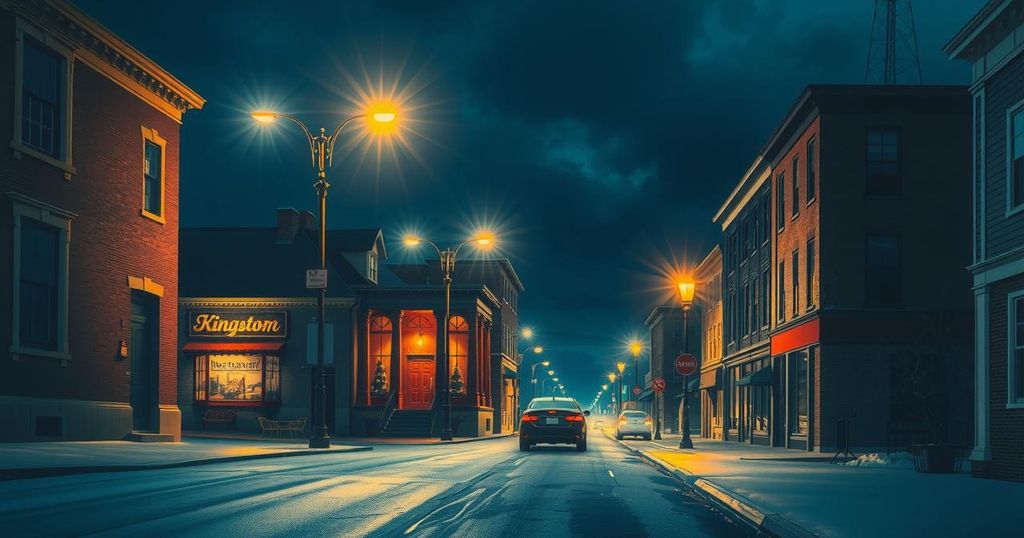 A serene view of Kingston's streets under a night sky, with empty roads and colorful streetlights illuminating the scene.