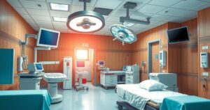 An illustration of a hospital setting, featuring advanced medical equipment and a supportive environment, symbolizing healthcare collaboration.