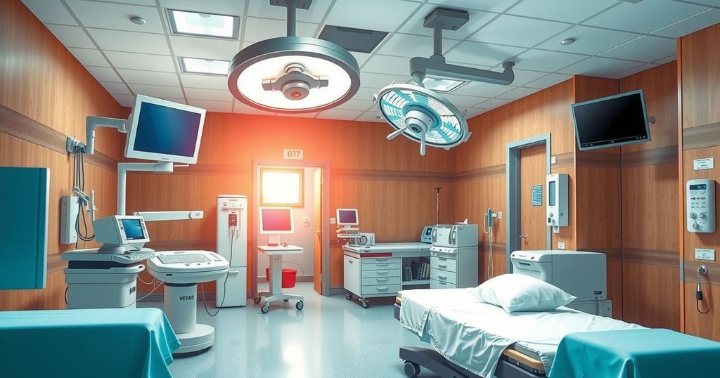 An illustration of a hospital setting, featuring advanced medical equipment and a supportive environment, symbolizing healthcare collaboration.