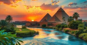 A tranquil scene of the Nile River, with lush greenery and ancient pyramids in the background under a colorful sunset.
