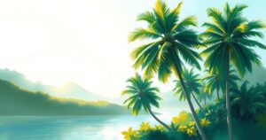 Hazy tropical landscape in Trinidad and Tobago with lush greenery under a fair sky.