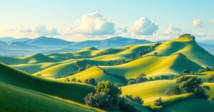 Scenic view of Angola's landscape featuring lush greenery and beautiful hills under a bright sky.