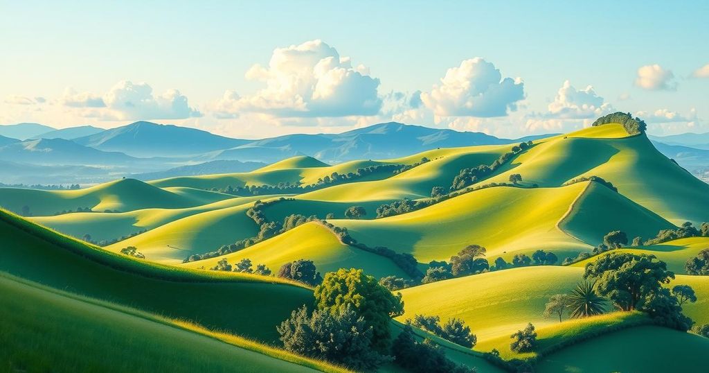Scenic view of Angola's landscape featuring lush greenery and beautiful hills under a bright sky.