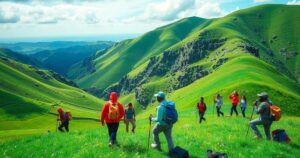 A vibrant outdoor hiking scene in Nigeria with green hills and hiking gear, capturing community spirit in nature.