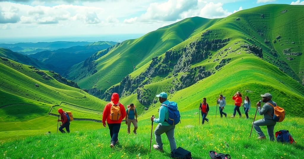 A vibrant outdoor hiking scene in Nigeria with green hills and hiking gear, capturing community spirit in nature.