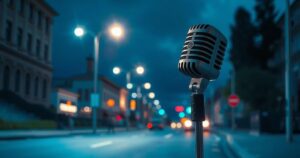 A serene street scene with streetlights, a night sky, and the silhouette of a musician's microphone against a soft blue background.