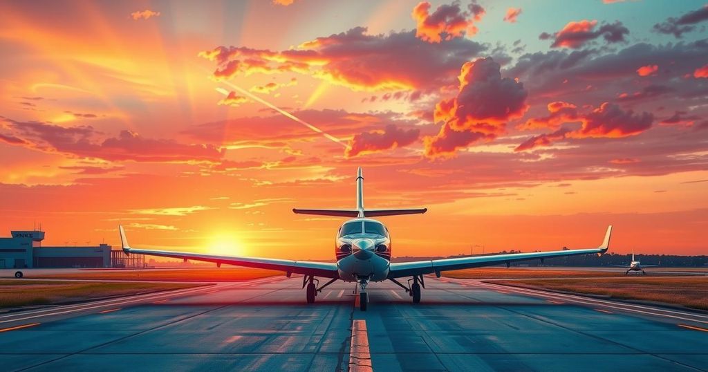 A scenic view of an airport runway with a small aircraft preparing for takeoff against a sunset background.