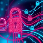 An abstract representation of data privacy concerns with locked digital symbols, featuring shades of blue and red.