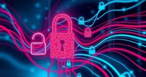 An abstract representation of data privacy concerns with locked digital symbols, featuring shades of blue and red.