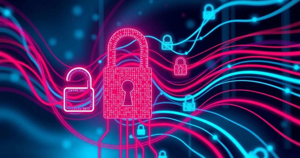 An abstract representation of data privacy concerns with locked digital symbols, featuring shades of blue and red.