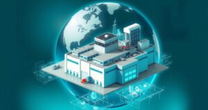 Conceptual representation of geopolitics impacting manufacturing decisions with abstract factory and global map background.